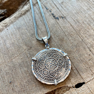 Tibetan Tangka Coin -  Lotus Flower + Buddhist Lucky Symbols - Mounted Sterling Silver - (Includes sterling chain)