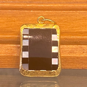 Onyx + Mother of Pearl Pendant.  Handcrafted in 24K Gold mount with Hammered Silver.