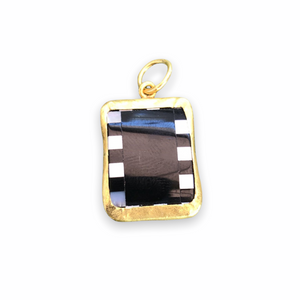 Onyx + Mother of Pearl Pendant.  Handcrafted in 24K Gold mount with Hammered Silver.
