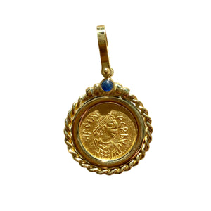 Ancient Byzantine - AV Tremissis (Phocas) - Circa 602-610 AD - Mounted in 18K gold with a Sapphire accent on the bale