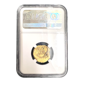 Authentic 2 Escudos Cob - Minted in Seville, Spain - Grade NGC AU 53 - Mounted in 18K gold and accented with a diamond in the bale.