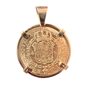 Spanish gold coin - Ferdinand VII  - 4 Escudos - Madrid Mint - Dated 1820 - Presented in a custom 14k mount with Sapphire accents