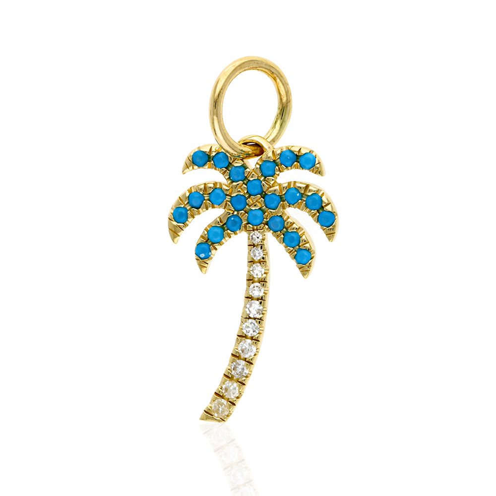 Palm Tree Charm of Turquoise & Diamond 10.50x17mm - Gold Filled Chain Included