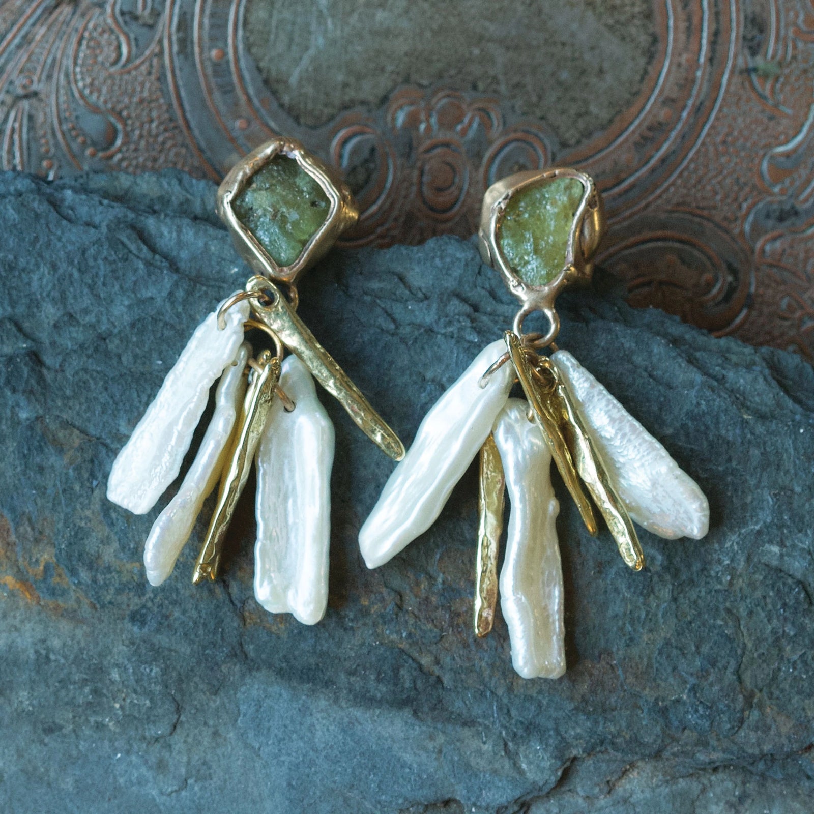 Artemisia Earring - Handcarved Brass + Rough Green Garnets