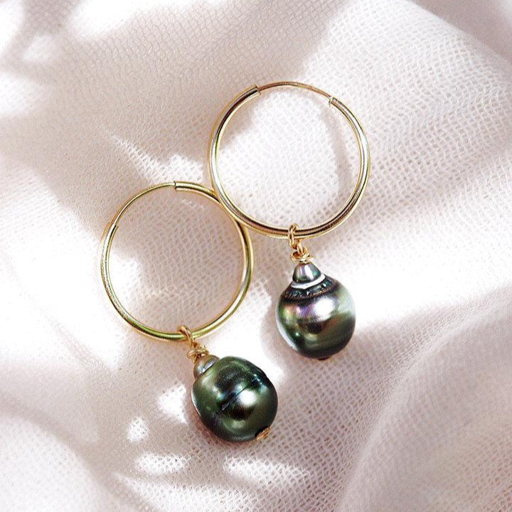 Gold Filled Tahitian Pearl Hoop Earrings