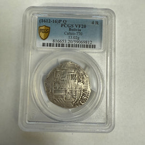 Authentic Spanish Cob - 4 Reales - Assayer "Q"  (1612-1616) - Presented in 14K skull and crossbones with Ruby accented  eyes