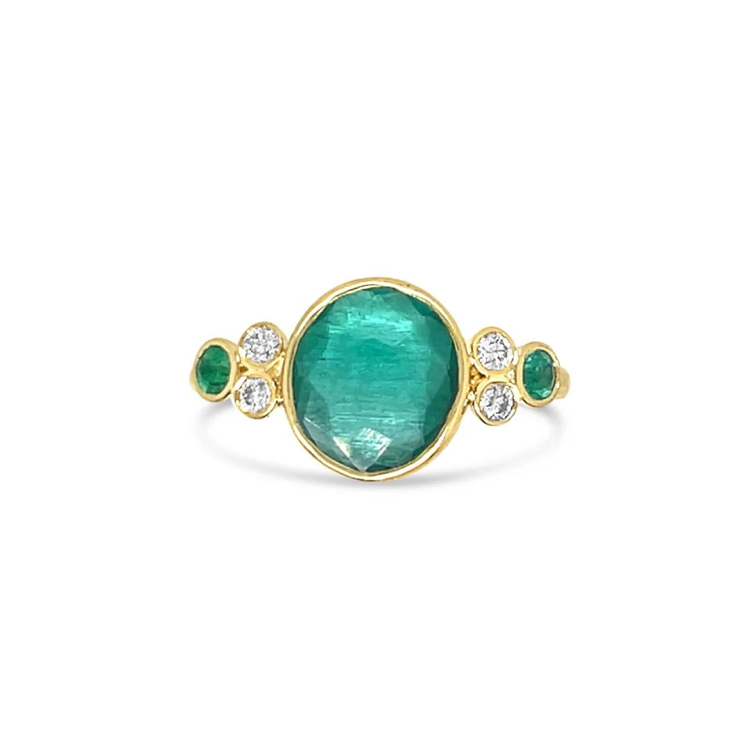Zambian Emerald Ring with Diamond and emerald clusters in 14k gold