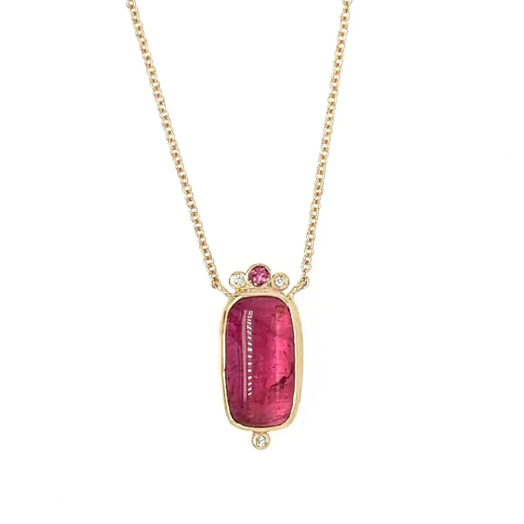 Pink Tourmaline Cab with Sapphire & Diamond Necklace in 14k Yellow Gold