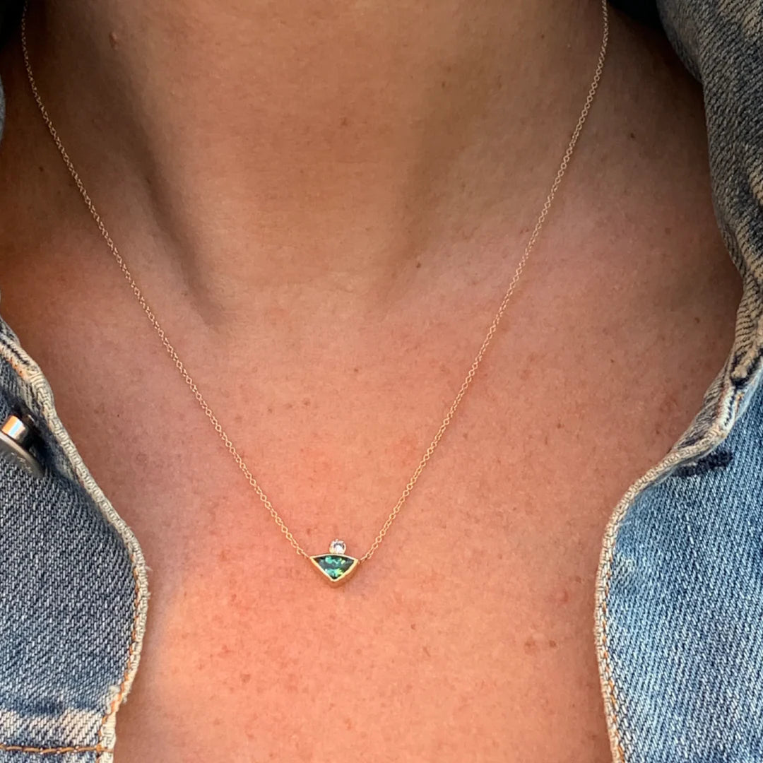 Teal Tourmaline and White diamond necklace in 14k gold