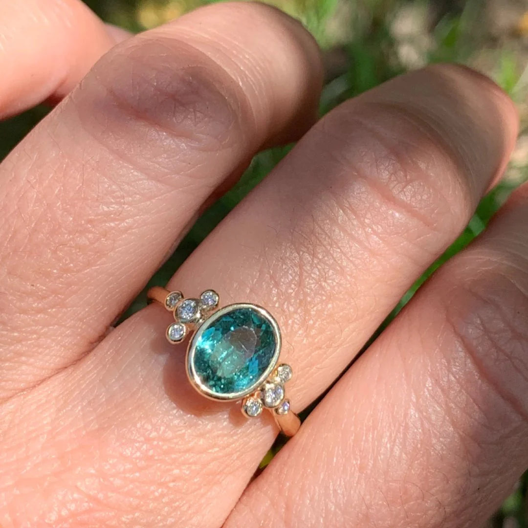 Minty Teal Tourmaline With Diamond Trefoil Ring in 14k gold - Size 7