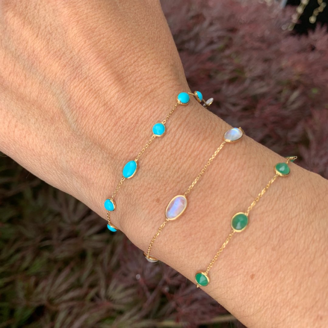 14K Rainbow Moonstone Station Bracelet