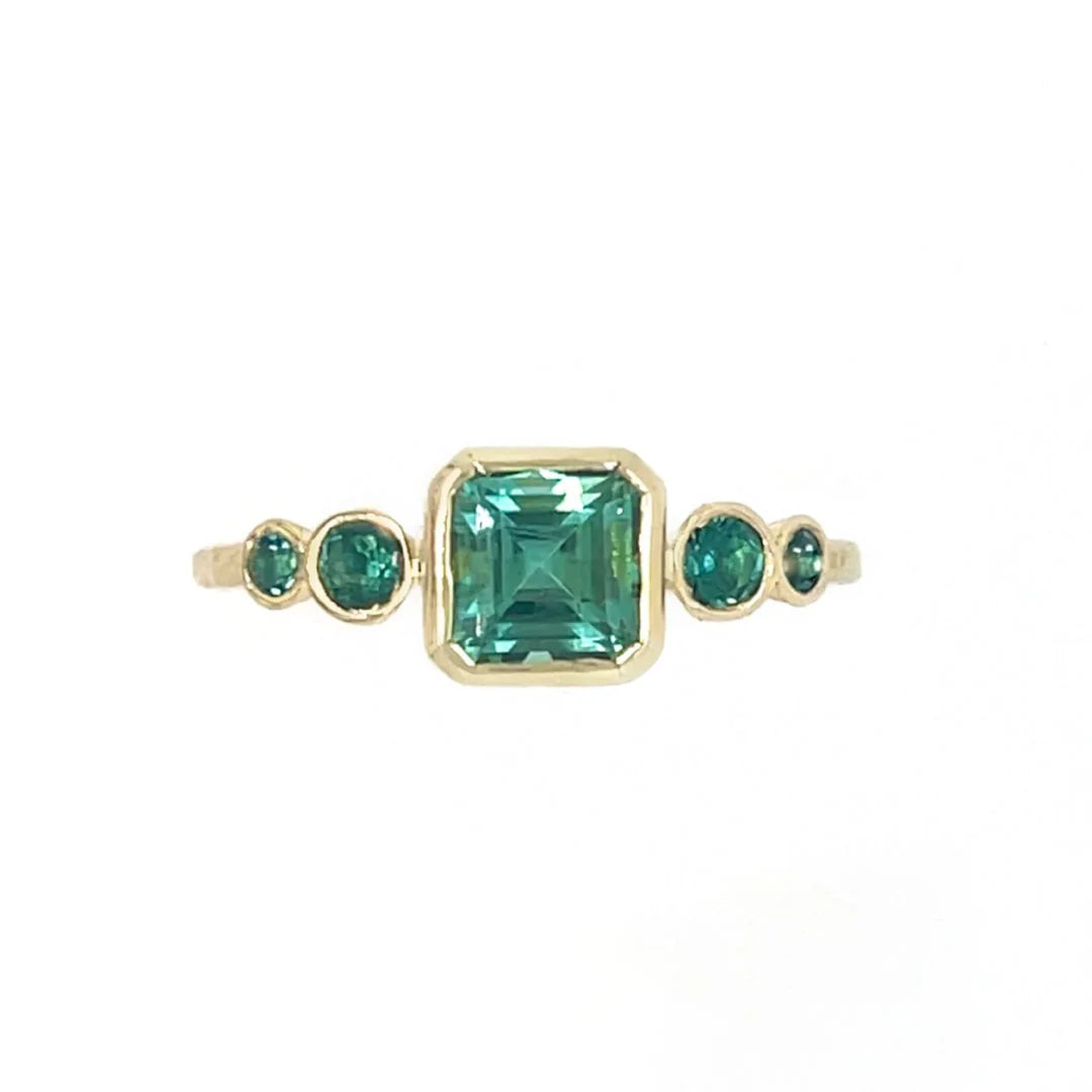 Ascher cut Teal Tourmaline ring in 14k gold
