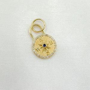 14k Solid Gold Diamond and Blue Sapphire Compass Charm