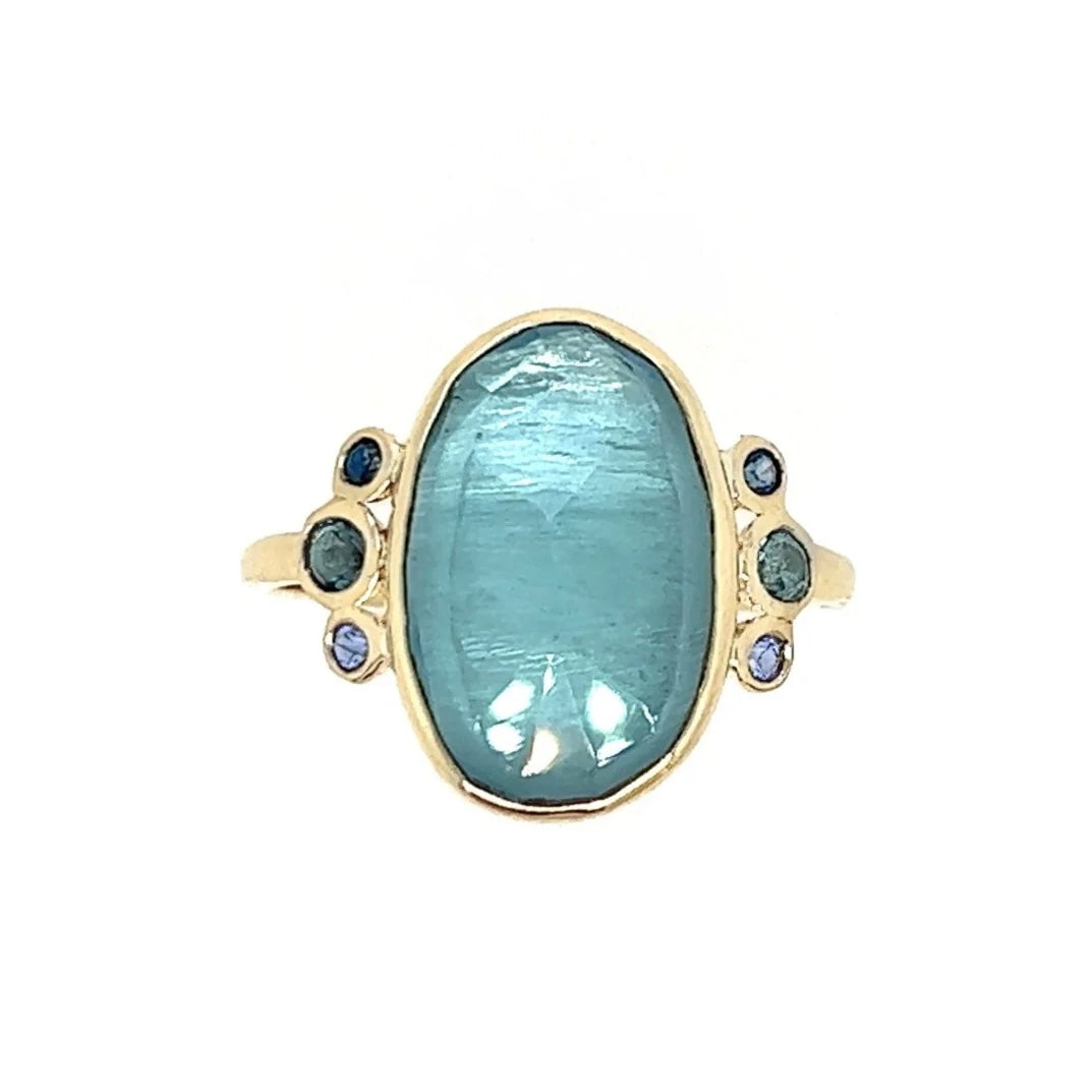 Aquamarine w/ Sapphires and Blue Zircon accent Ring in 14k Gold - Size 7 1/2