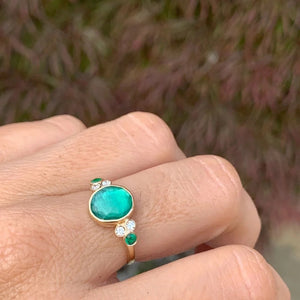 Zambian Emerald Ring with Diamond and emerald clusters in 14k gold