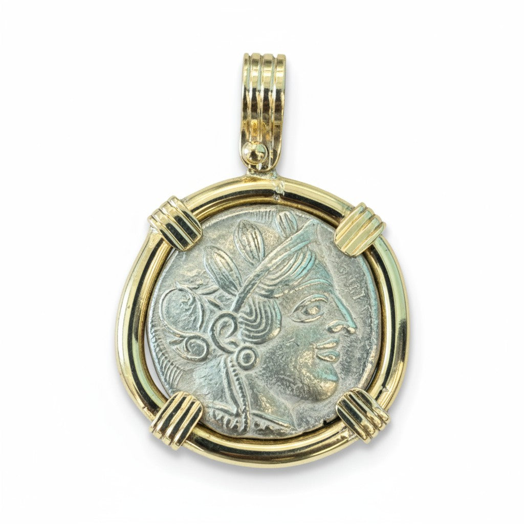 Ancient Greece - AR Tetradrachma - Athena and Owl - Circa 400 BCE - Mounted in 14K gold