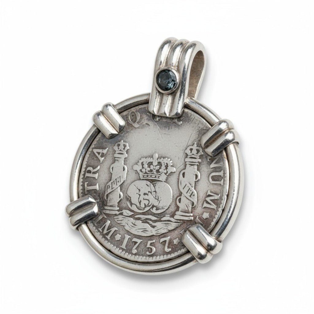 El Cazador Shipwreck - 8 Reales - Dated 1757 - Mounted in Sterling Silver with Sapphire accent on bale