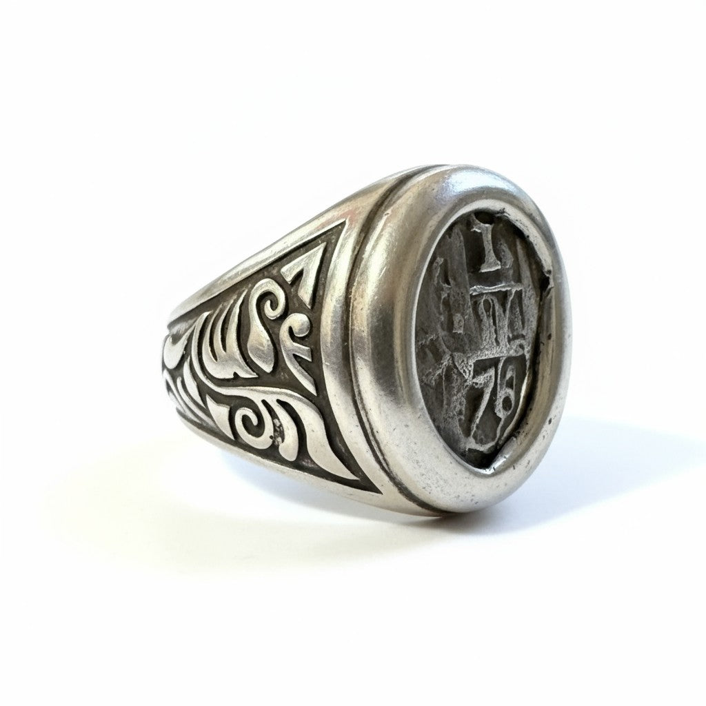 Authentic Spanish Cob - 1 Reales -  Dated 1763 - Sterling Silver Signet Ring Mount - SIZE 10 1/2