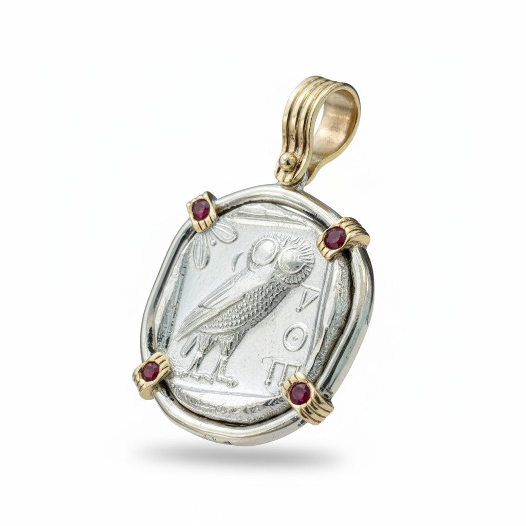 Ancient Greece - AR Tetradrachm - Athena & Owl - Sterling silver with 14k prongs embedded with Rubies.