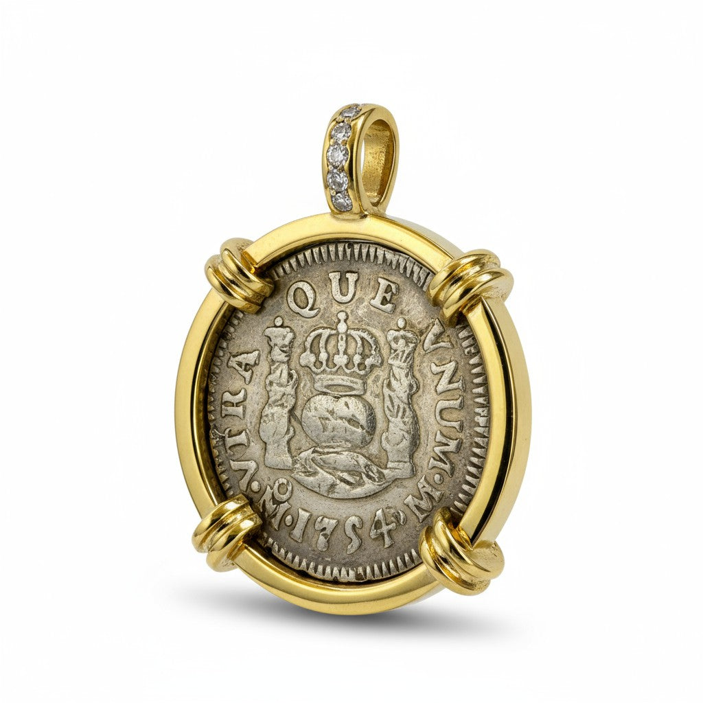 El Cazador - 1/2 Reale -  Dated 1754 - 14K gold bale with diamond accents