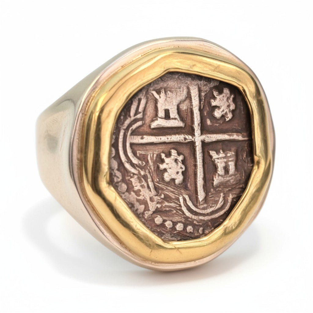 Private collection Spanish cob - 1 Reales - Sterling ring with 18K coin bezel - Size 11 1/2