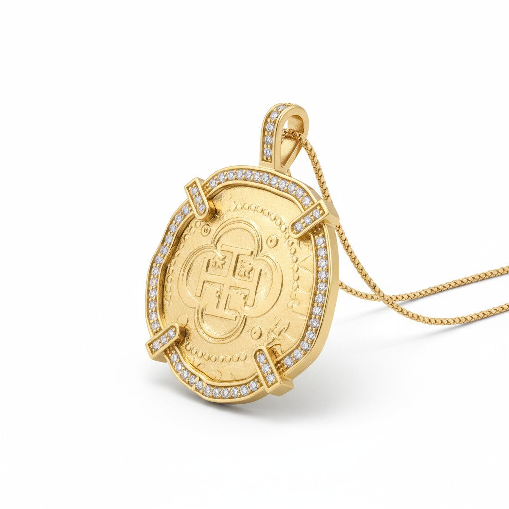 Authentic Spanish gold coin -Seville Mint - 4 Escudos - Grade: PCGS MS62 - 1 of 2 in PCGS history. Mount: 18K Gold with .98 CT Diamonds around frame