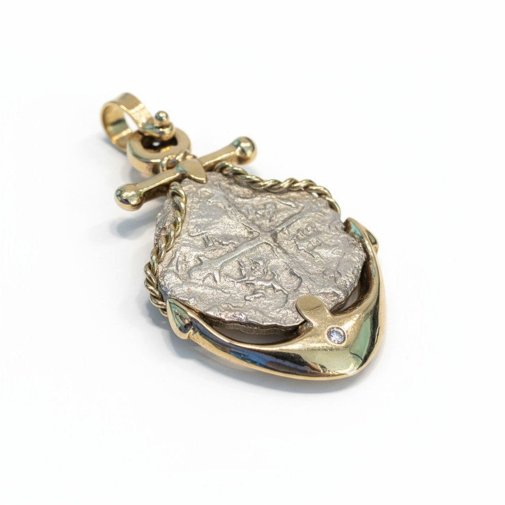Atocha Shipwreck - 4 Reales -Grade 3 - Mexico Mint - Mounted in 14K Custom Anchor
