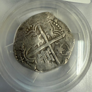 Authentic Spanish Cob - 4 Reales - Assayer "Q"  (1612-1616) - Presented in 14K skull and crossbones with Ruby accented  eyes