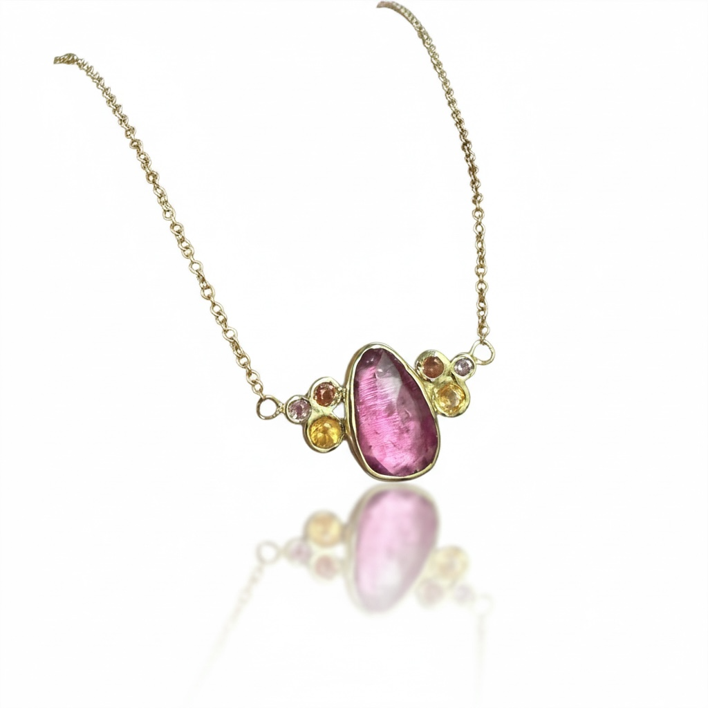 Pink Tourmaline & Sapphire Bubble Necklace in 14k Gold