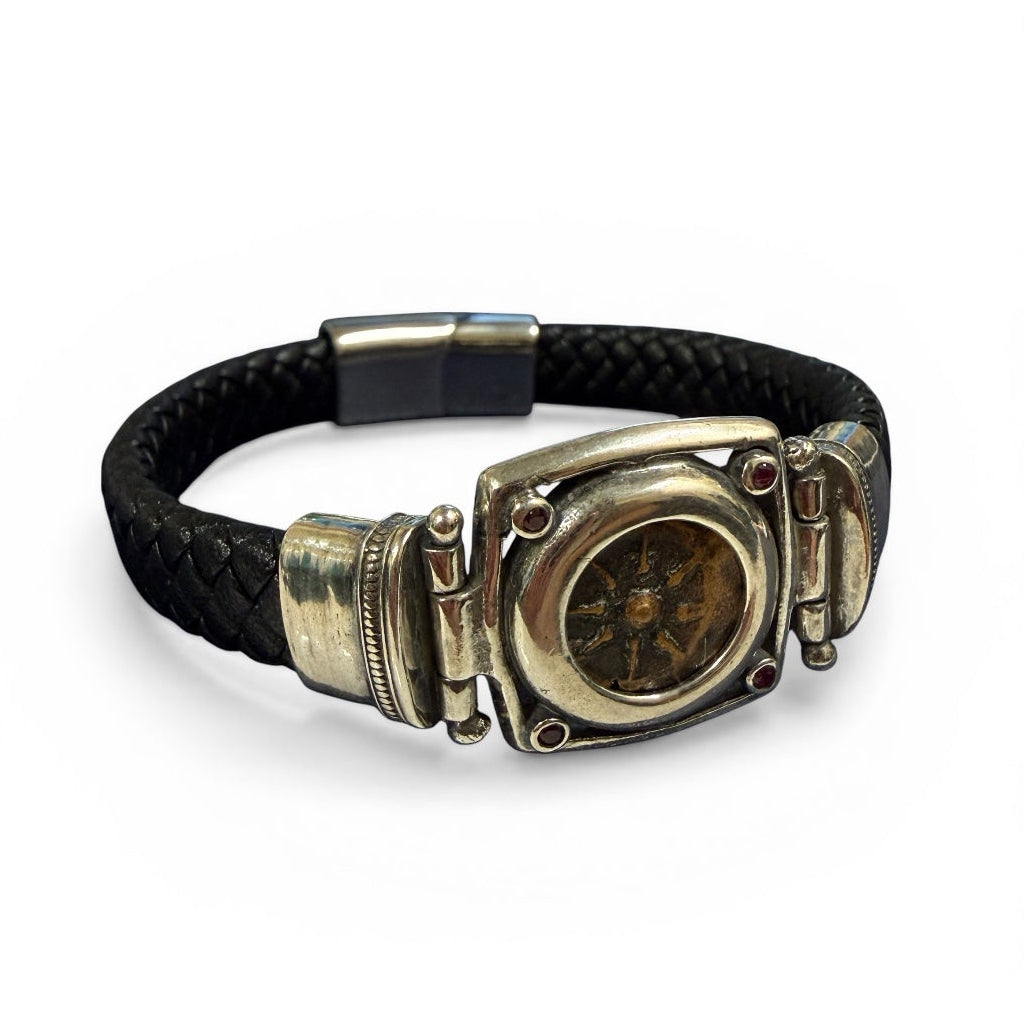 Widows Mite - Sterling Silver Mount on Italian Leather Bracelet w/ Garnet Accents