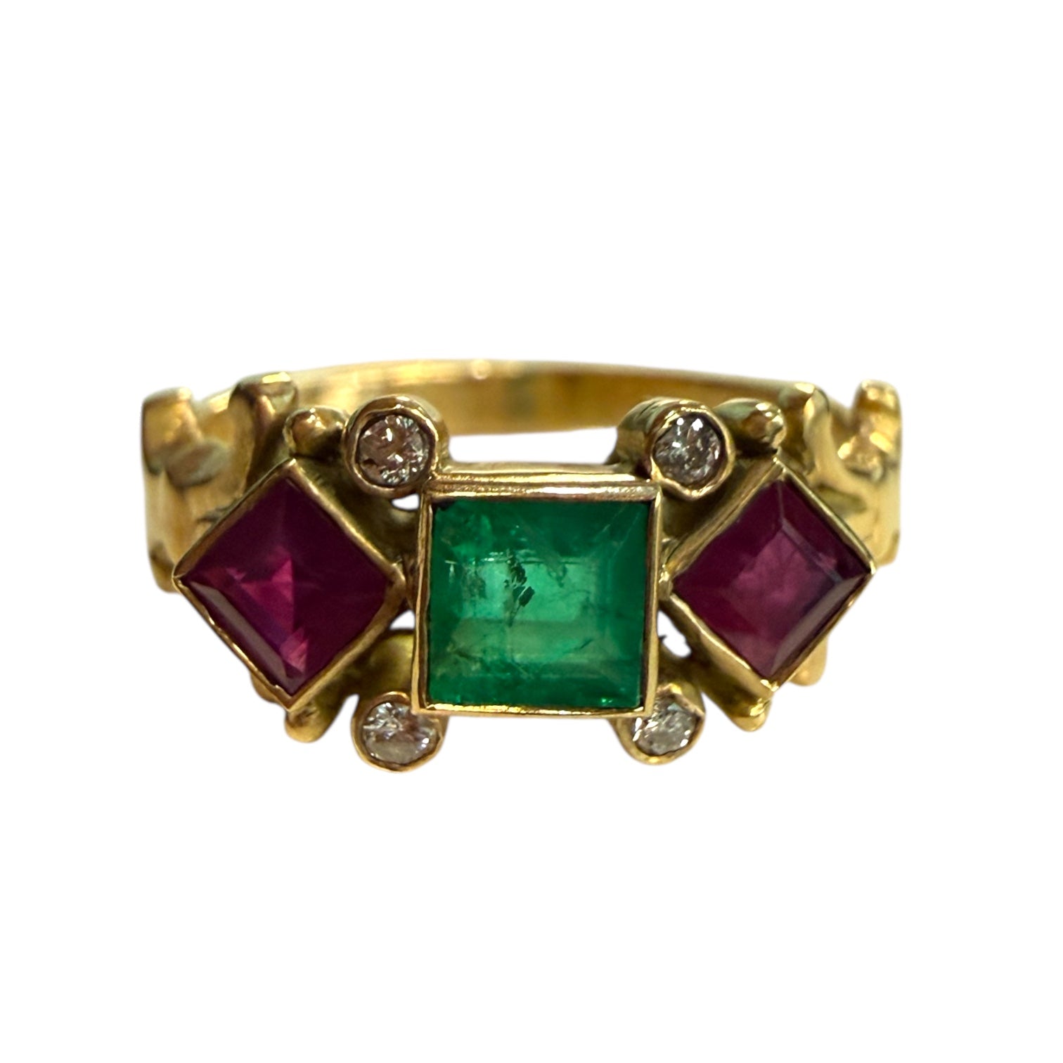 Victorian Style Emerald, Ruby, Diamond 18k Gold Ring - Size 6.5