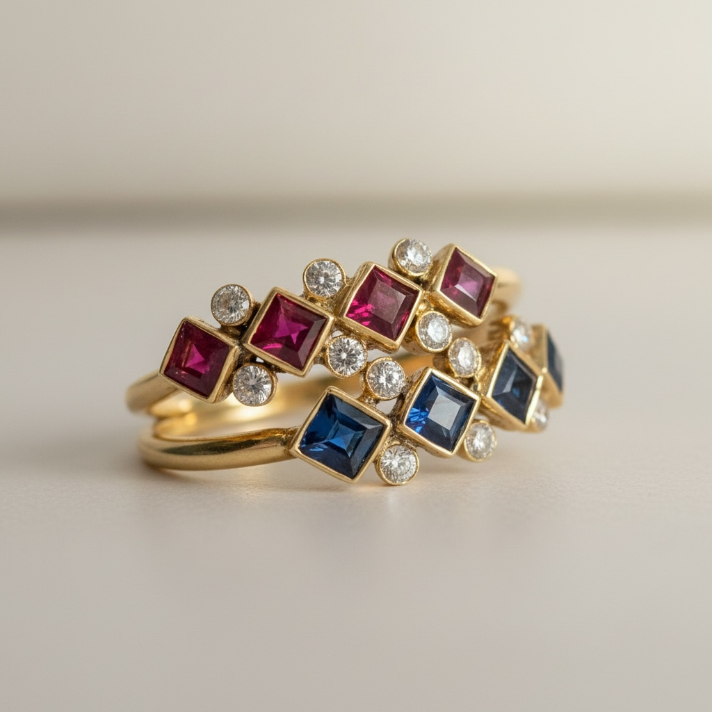 Genuine Sapphire & Diamond 18k Gold Ring - Size 7.5