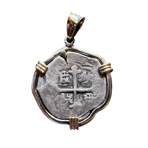 Private collection Spanish Cob - 4 Reales - Sterling Silver Mount w/ 18k Gold Prong and bale