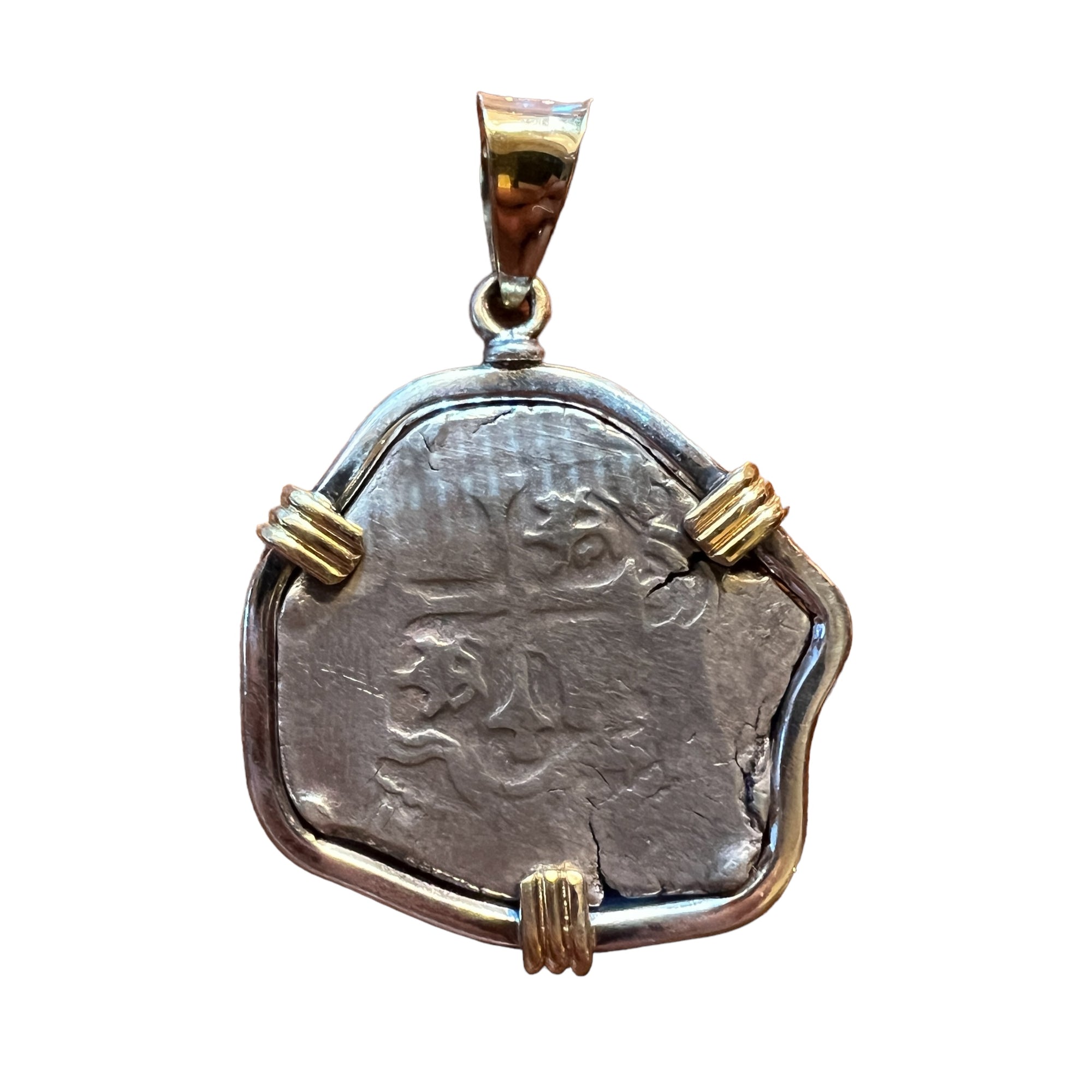 Private collection Spanish Cob - 4 Reales - Sterling Silver Mount w/ 18k Gold Prongs and bale