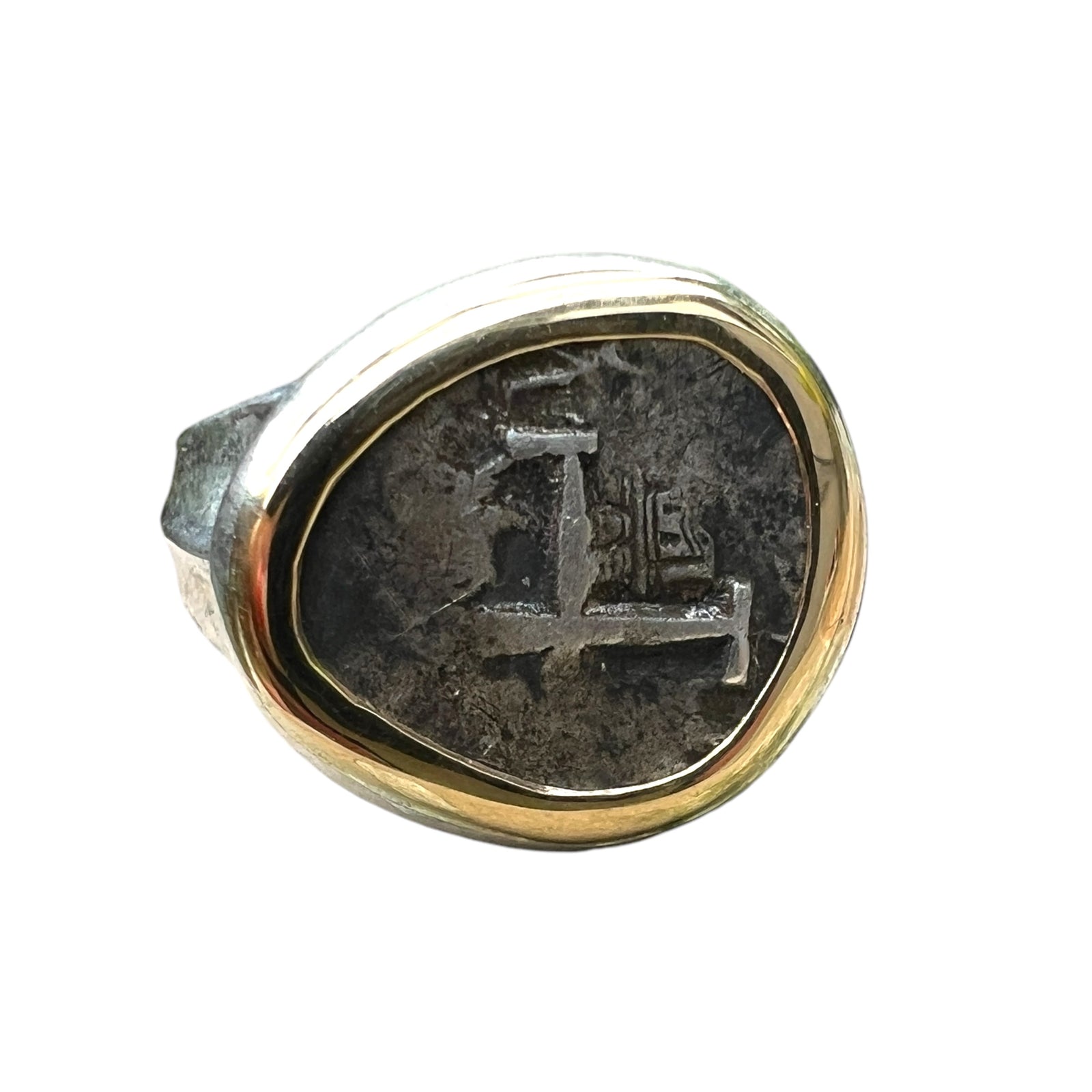 Spanish Cob - 1 Reales Sterling Ring with 14K Bezel - SIZE 11