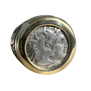 Ancient Greek - AR Drachma -  Alexander the Great Ring - Sterling Silver ring with 18K gold bezel