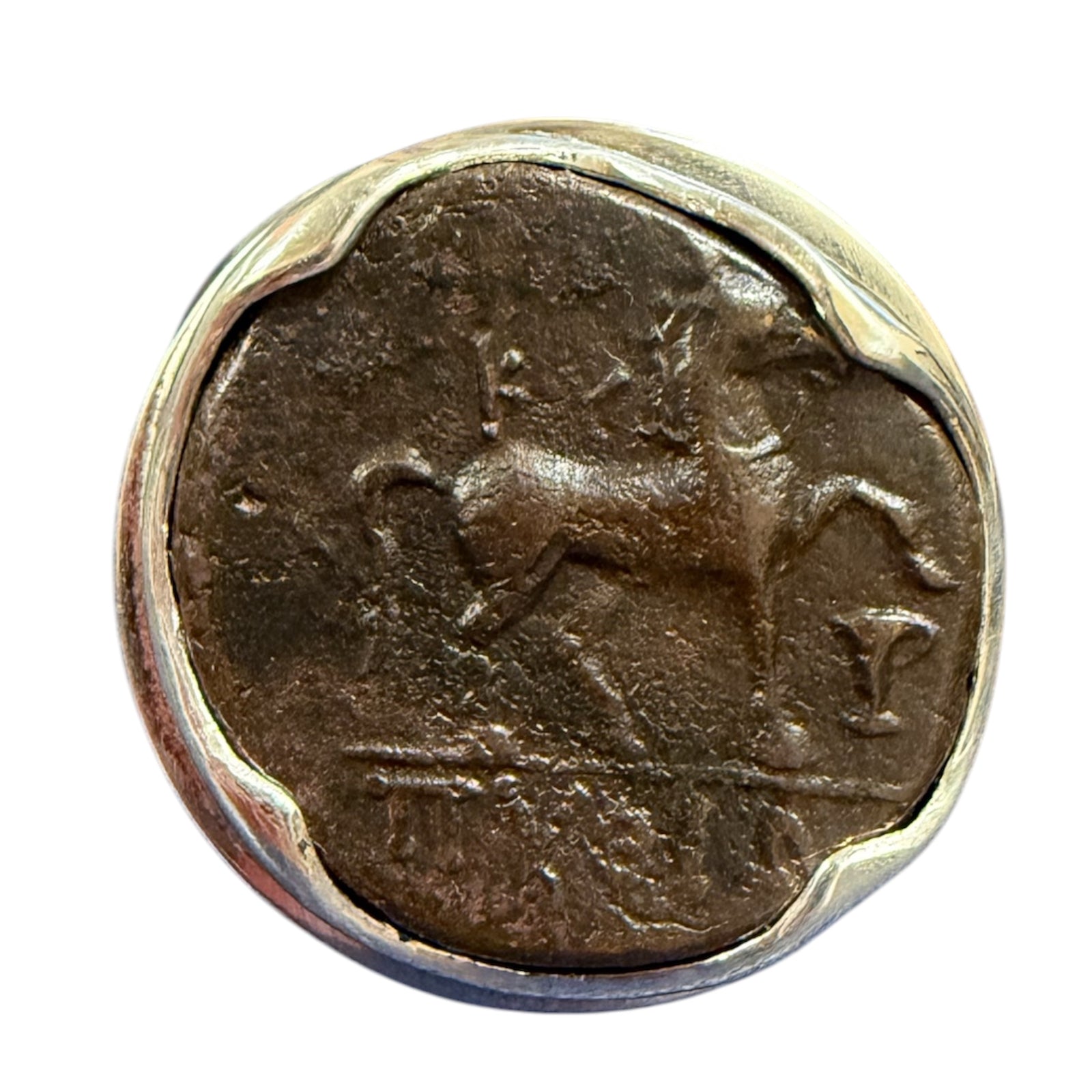 Ancient Greek - Ancient Bronze Coin - Kyme (Amazon Legend) - Sterling Silver Ring - Size 10