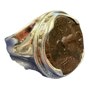 Ancient Greek - Ancient Bronze Coin - Kyme (Amazon Legend) - Sterling Silver Ring - Size 10