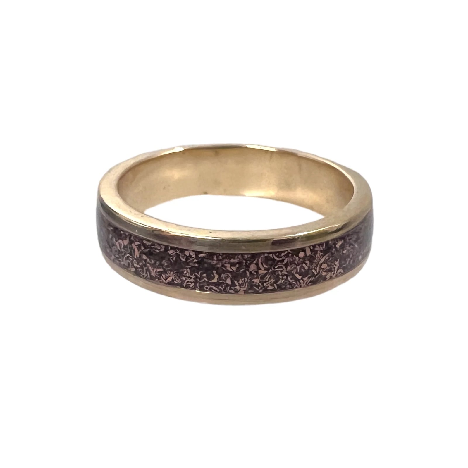 Hand cast ring created with 14k Gold and Atocha Copper Inlay.