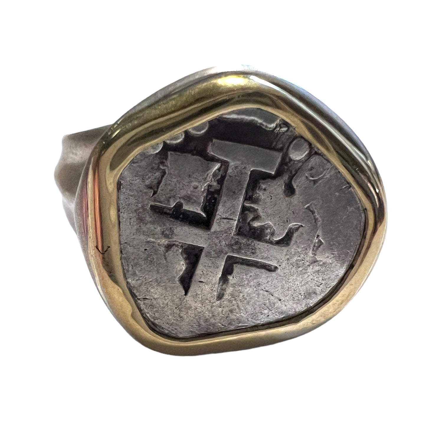 Unknown Shipwreck Spanish Cob - 1/2 Reales - Size 11 - Beachcombers Series -  in Silver ring with 14K Bezel