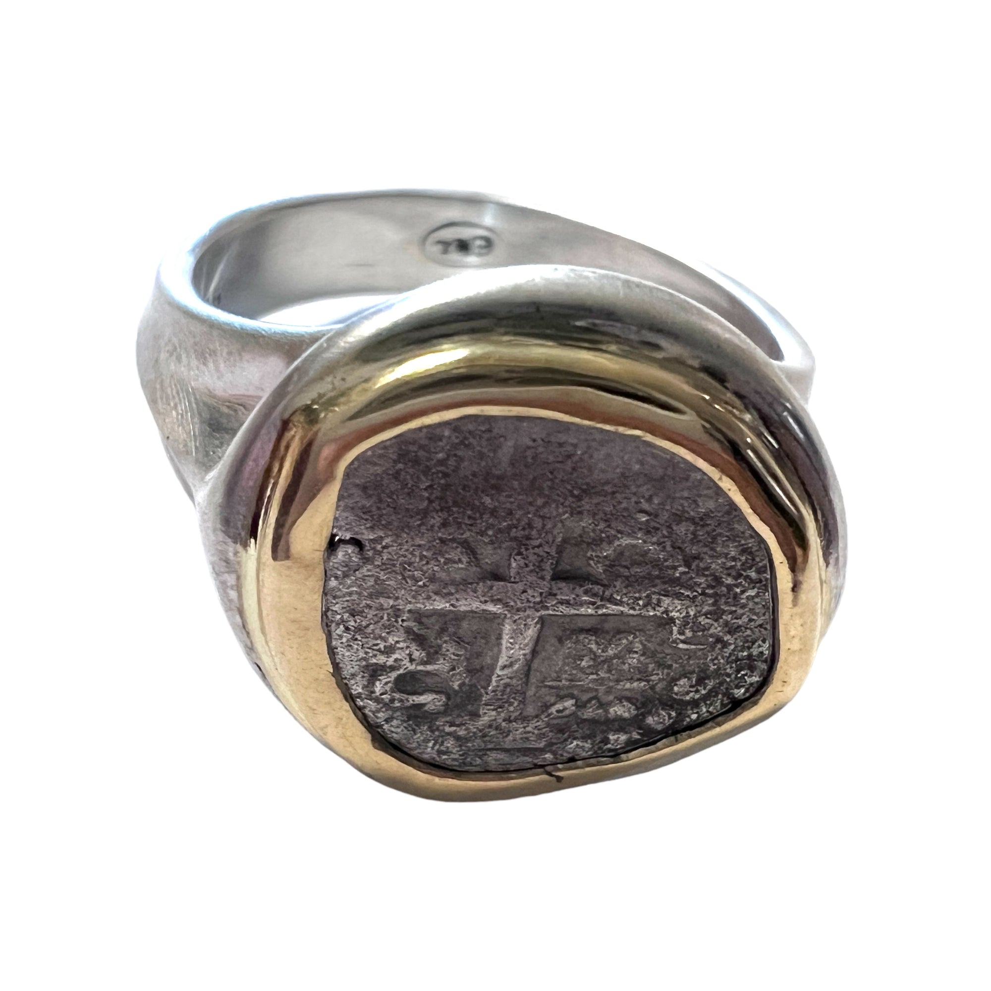 Unknown Shipwreck - 1/2 Reales - Presented in a sterling silver ring with 14K accent around coin