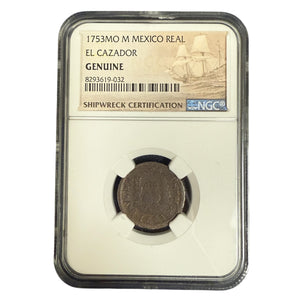 El Cazador Shipwreck - 1 Reales-  Dated 1753 - Mounted in 14K Gold diver frame