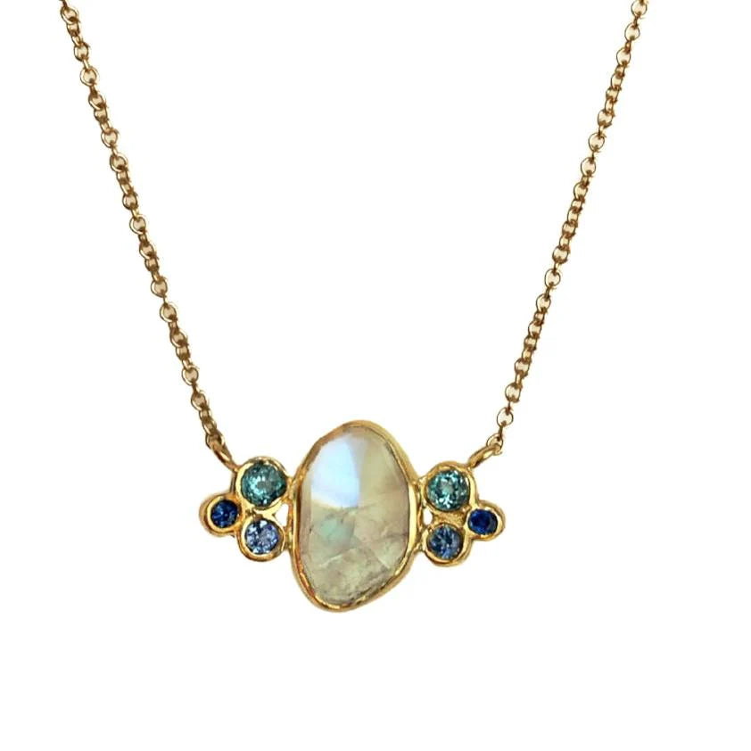 Moonstone Necklace with Sapphires and Blue Zircons in 14k gold