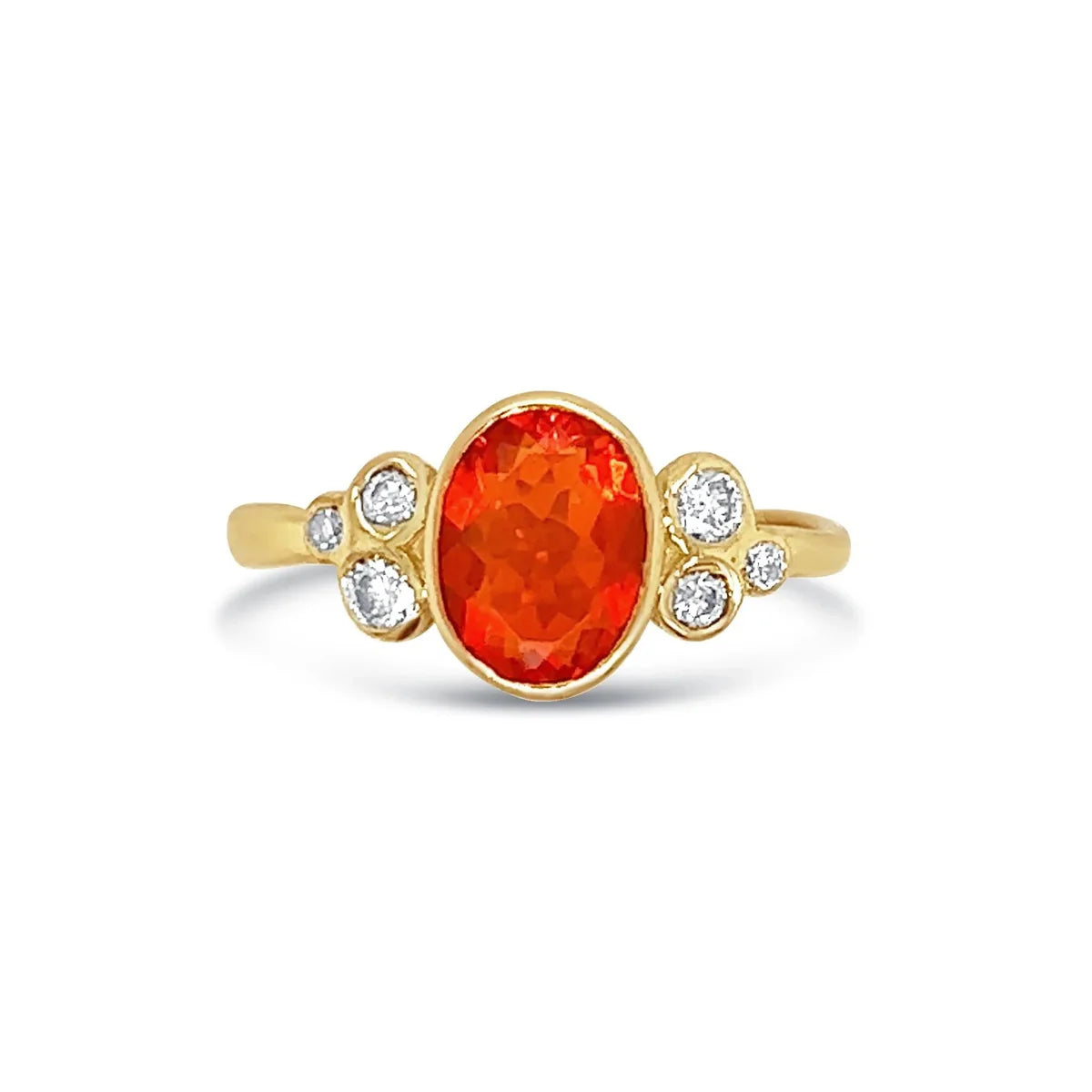 Fire Opal Ring with diamond clusters in 14k gold