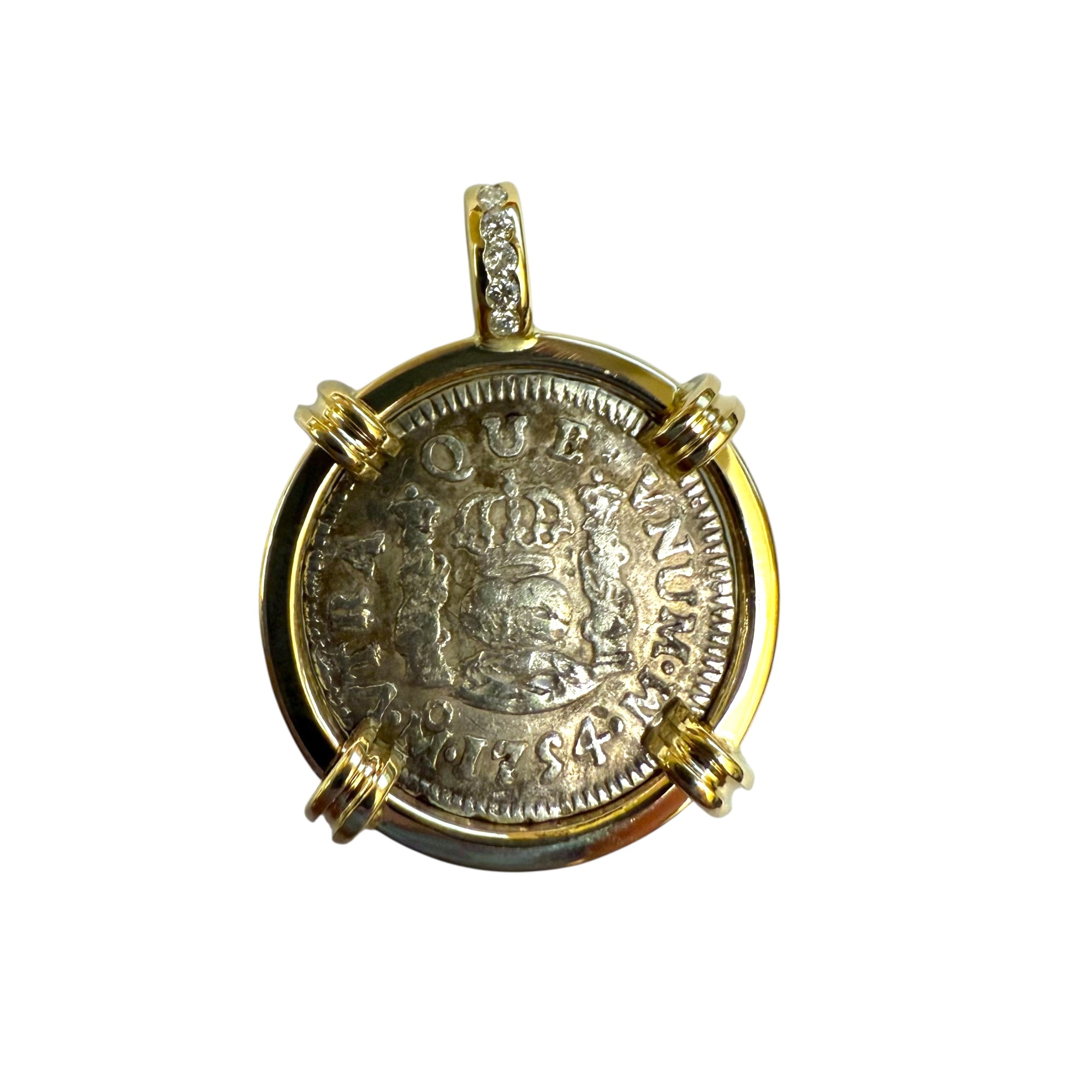 El Cazador - 1/2 Reale -  Dated 1754 - 14K gold bale with diamond accents