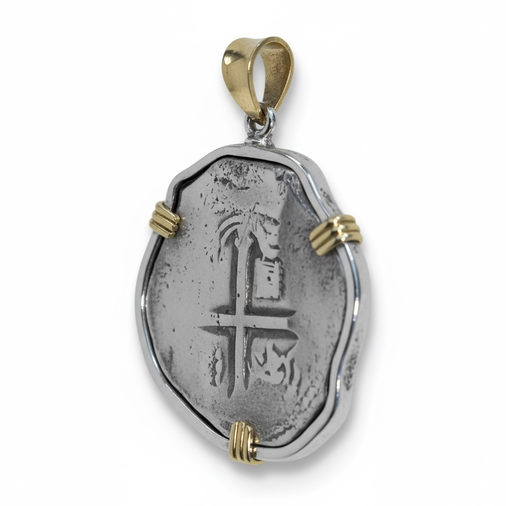 1715 Fleet - 8 Reales - sterling silver bezel with 18K gold prongs and bale