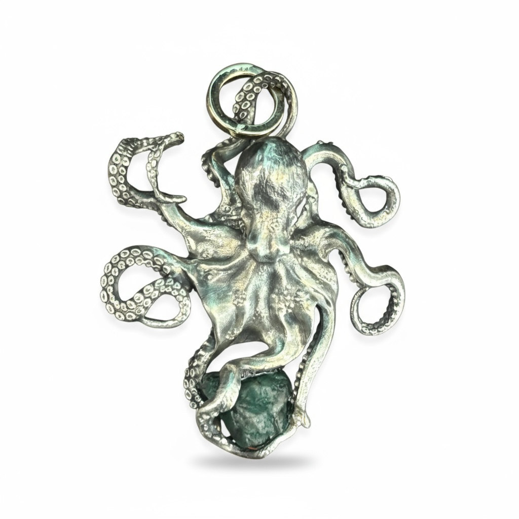 1715 Fleet Uncut Colombian Shipwreck Emerald in custom Sterling Silver Octopus by NTJ