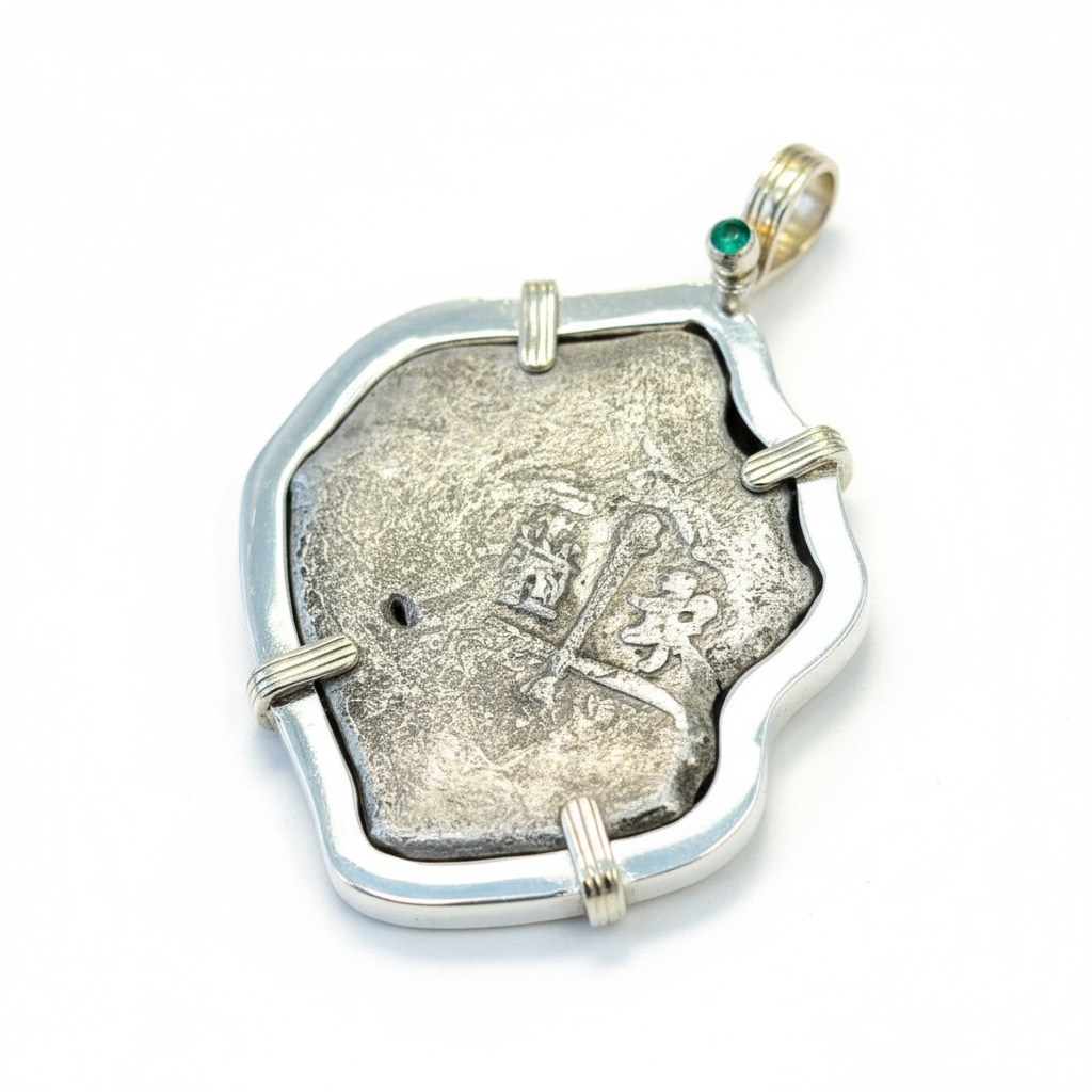 1715 Fleet - 8 Reales - Sterling Silver bezel with 14K prongs and bale (with emerald accent)