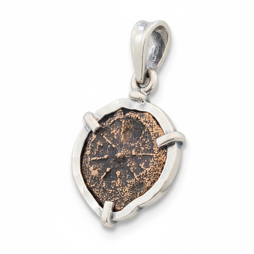 Widows Mite - Bronze Prutah - Minted during the time to Christ - Pendant in Sterling Silver Mount.
