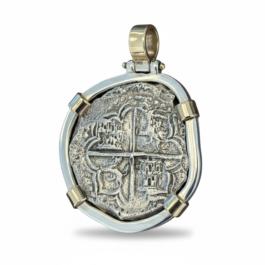 Santa Margarita Shipwreck - 8 Reales - Mounted in Sterling silver frame with 14K gold prongs and bale